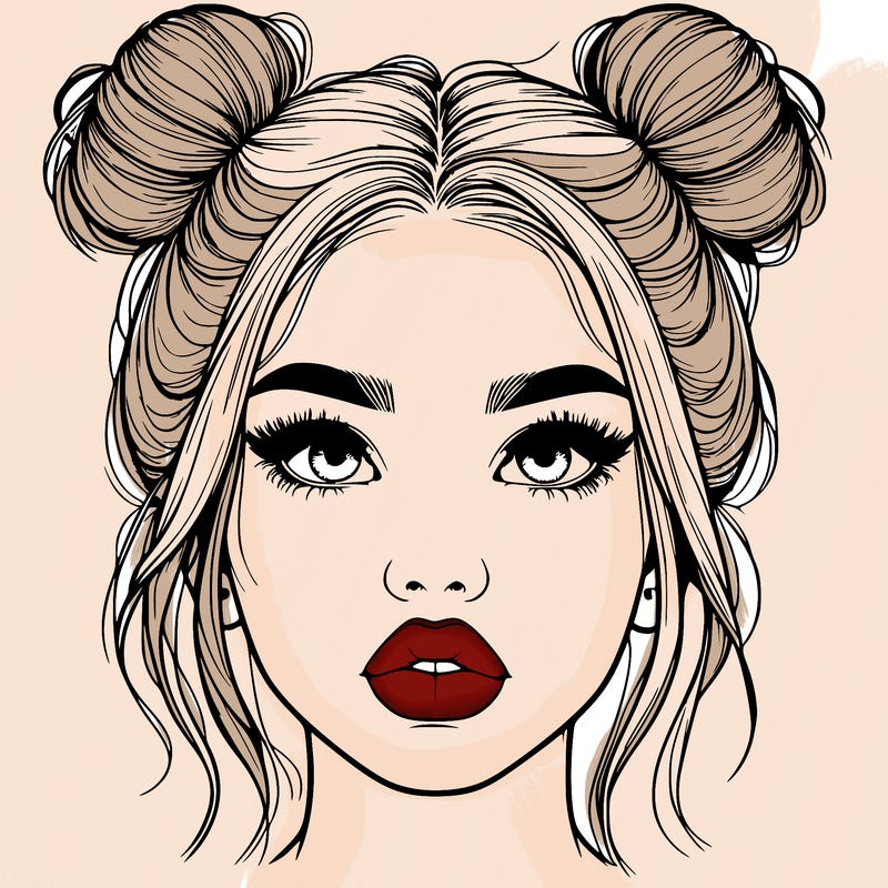 realistic girl with two buns on her hair and lips