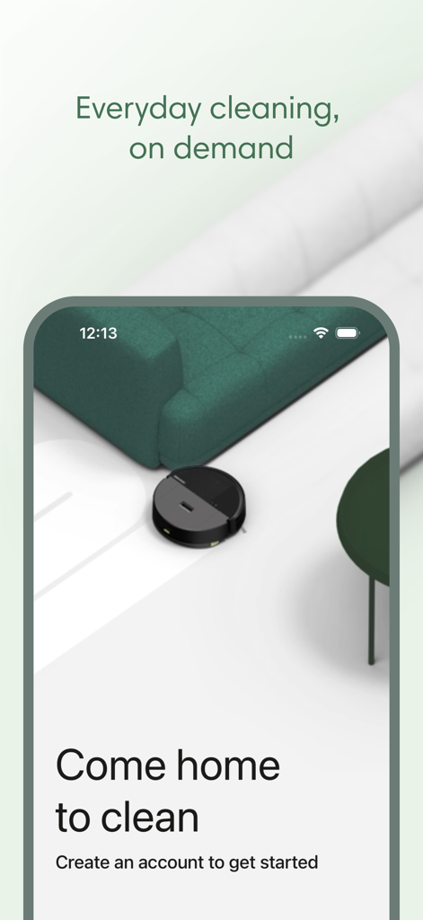 Roomba Home - Roomba Home app welcome screen featuring a robot vacuum cleaning a modern living room