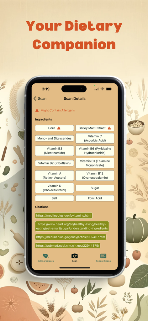 ScanGredients - A smartphone displaying the ScanGredients app interface showing a list of food ingredients with allergen warnings and medical citations.