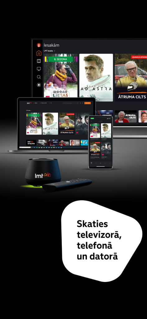 LMT Viedtelevīzija - LMT Viedtelevizija streaming app displayed on TV, smartphone, and laptop screens