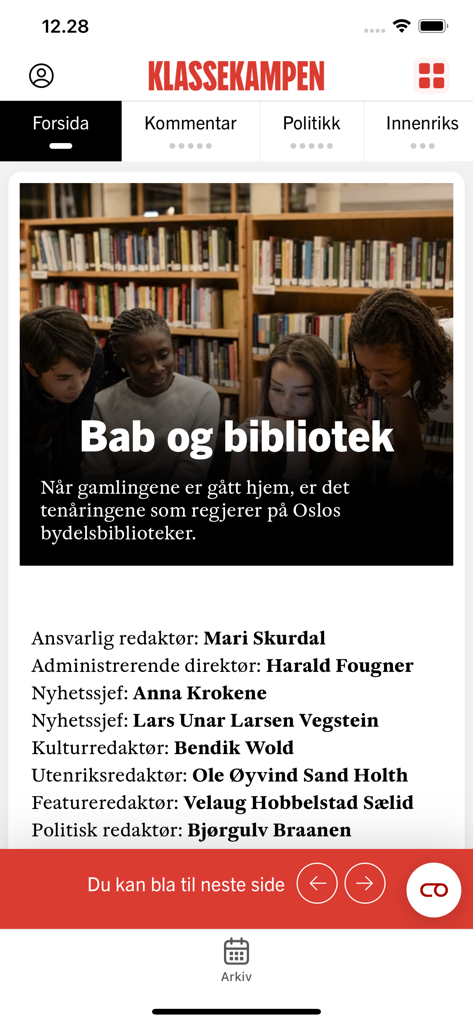 Klassekampen - Klassekampenモバイルアプリのホーム画面。注目のニュース記事と編集情報が表示されています。