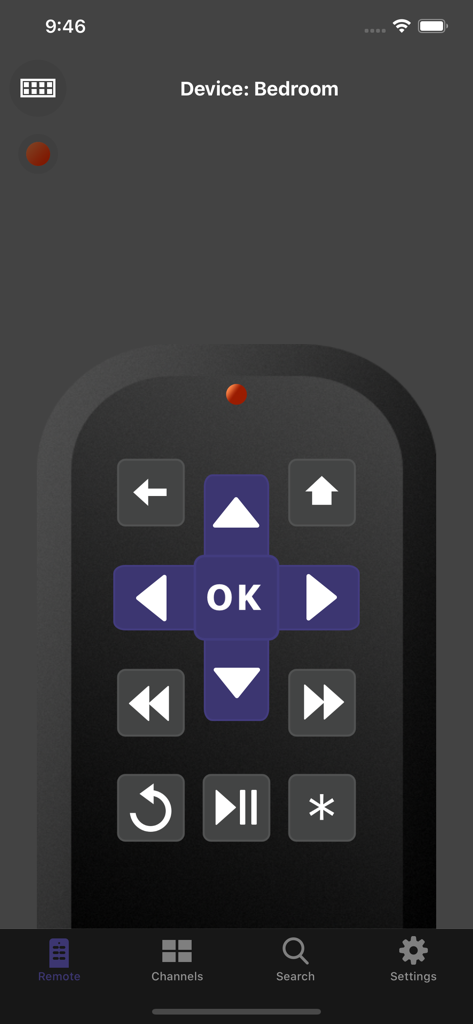 Widget Remote for Roku - Interfaz de control remoto digital de la aplicación Widget Remote para Roku mostrando botones de navegación y reproducción