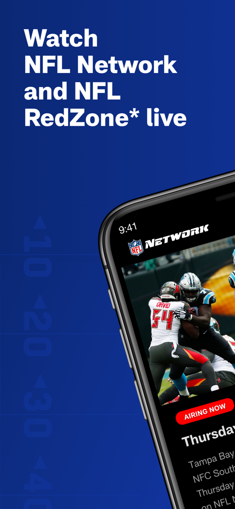 Captura de tela do aplicativo NFL Network em um smartphone mostrando transmissão ao vivo de futebol e acesso ao RedZone.