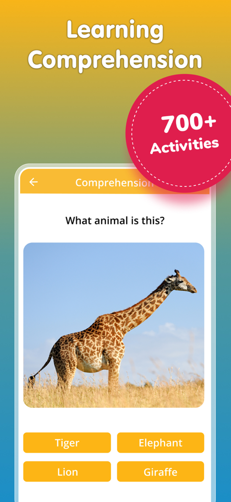 Books For Kids: Reading & Math - Actividad de comprensión de aprendizaje en la aplicación preguntando identificar una jirafa entre múltiples opciones.