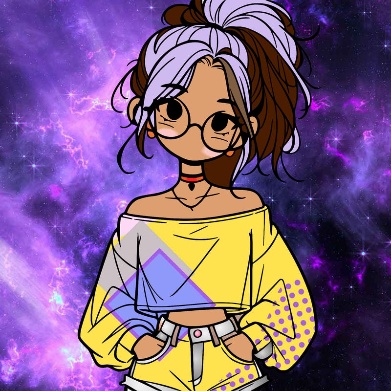 girl with a messy ponytail glasses a baggy crop top and jean shorts