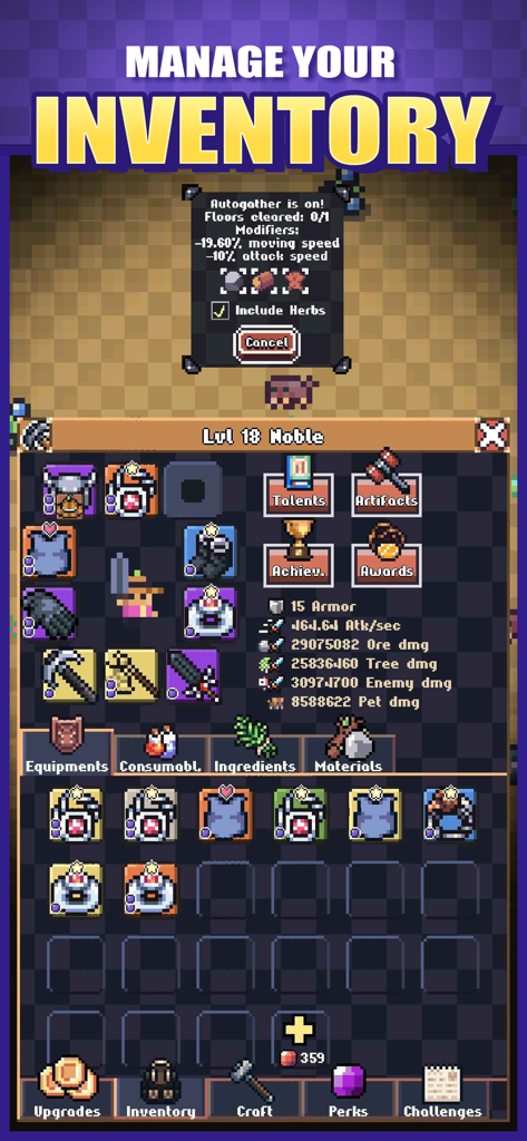 Idle Pocket Crafter 2 - Inventory management screen in Idle Pocket Crafter 2 featuring pixel art gear and character stats