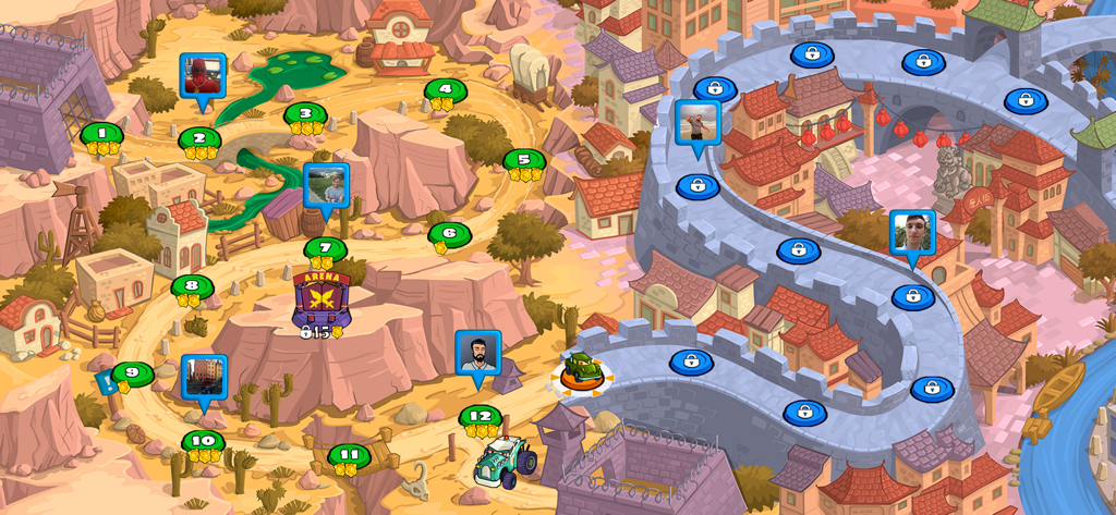 Car Eats Car 3 - Racing Cars - Um mapa de nível colorido do jogo para Car Eats Car 3 mostrando a progressão do jogo através de ambientes de deserto e cidade.