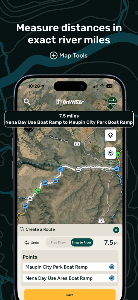 A mobile app screen showing the river measuring tool for calculating distances between boat ramps on a satellite map.