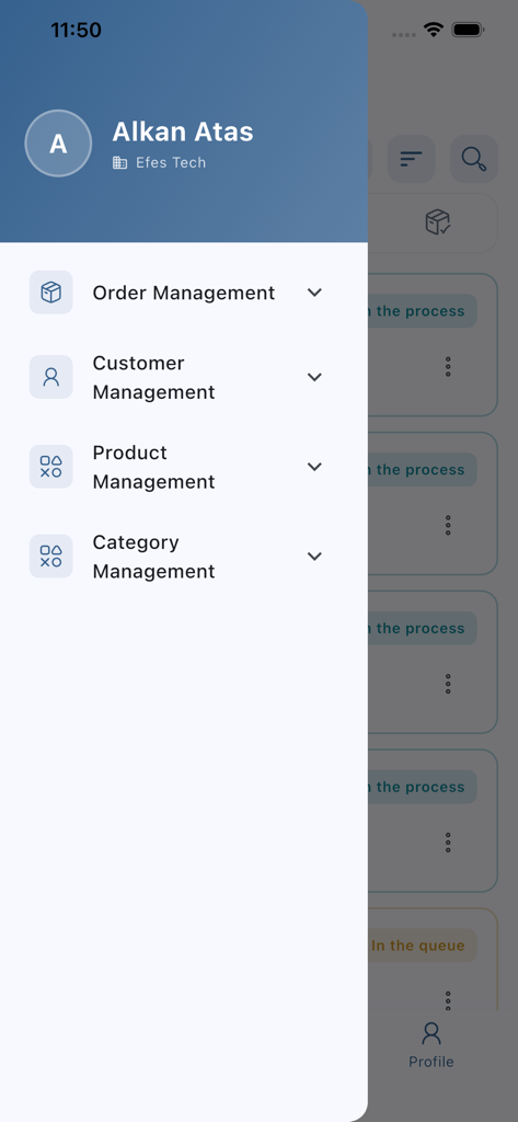 Order Tracking System - Order Tracking System mobile app navigation menu showing order customer and product management options