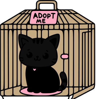 a cat in a cage with a sign on the cage saying adopt me