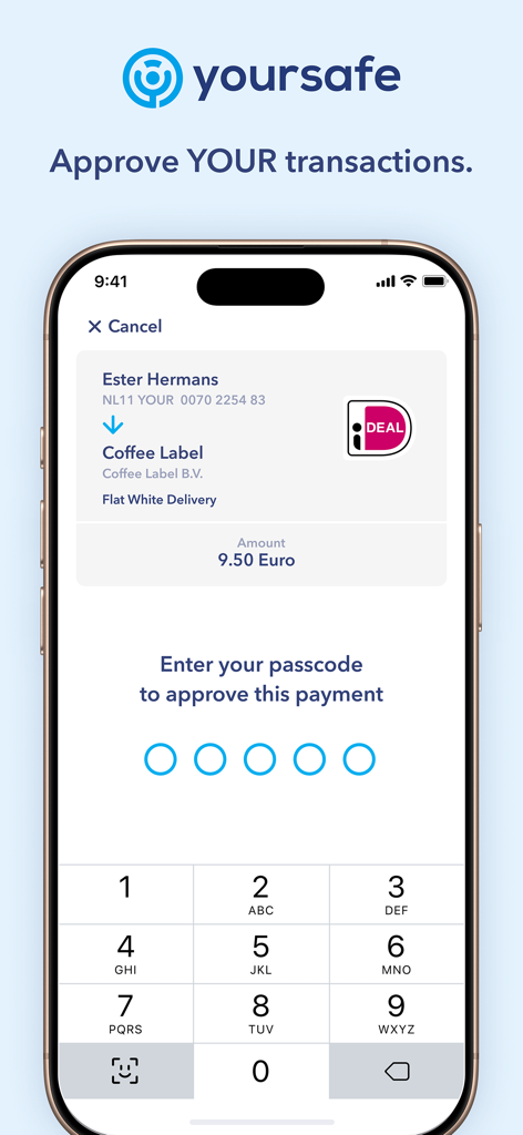 보안 비밀번호를 사용하여 거래를 승인하기 위한 Yoursafe 앱 인터페이스