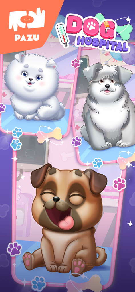 Tre simpatici cuccioli a cartoni animati protagonisti del gioco Dog Hospital per bambini di Pazu