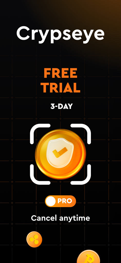 CrypsEye: Crypto AI Analyzer - Interface do aplicativo CrypsEye mostrando uma oferta de teste gratuito de 3 dias para a assinatura Pro