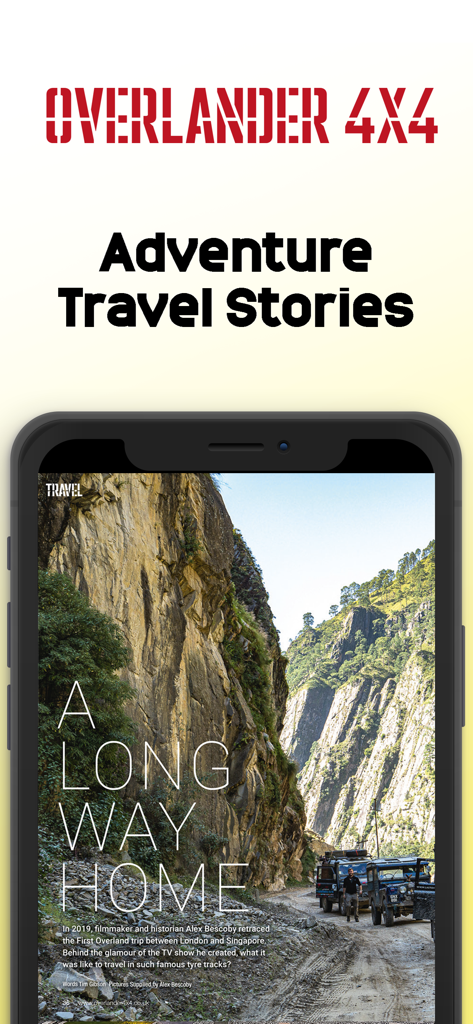 Smartphone displaying the Overlander 4x4 app with a featured digital magazine article about an off road vehicle expedition through mountain terrain