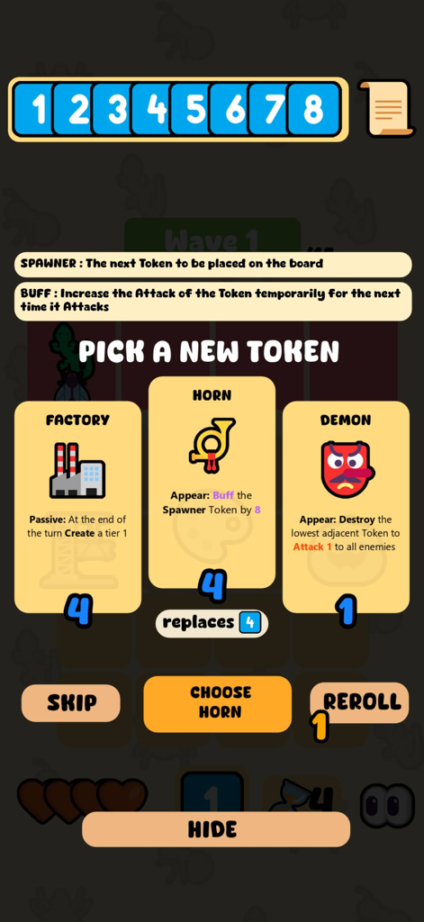Merge Maestro - Merge Maestro game screen showing a choice between Factory Horn and Demon emoji tokens with unique strategic powers