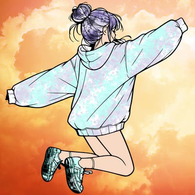 realistic girl jumping with a bun and oversized sweatshirt