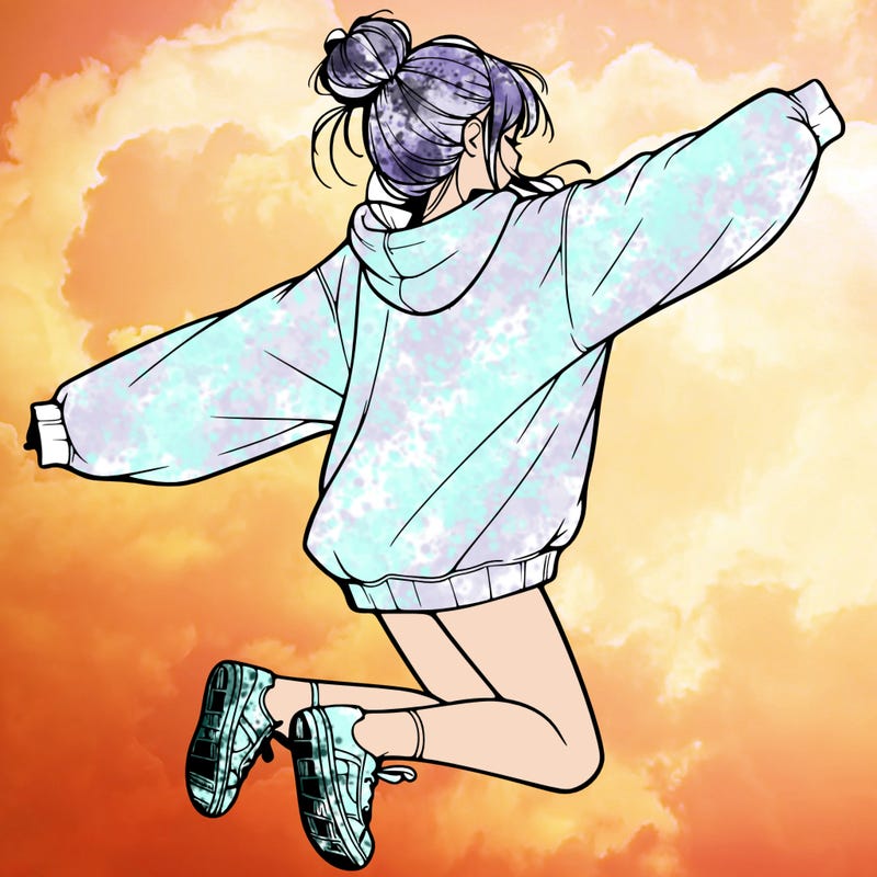 realistic girl jumping with a bun and oversized sweatshirt