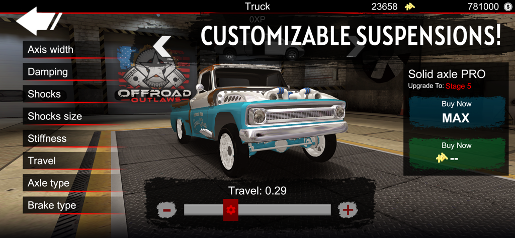 Interface de jogo do Offroad Outlaws mostrando opções detalhadas de ajuste de suspensão para uma caminhonete personalizada em uma garagem.