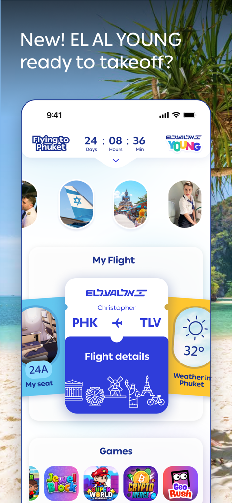 EL AL - Pantalla de la aplicación móvil de EL AL Young con detalles de cuenta atrás de vuelos y juegos para niños