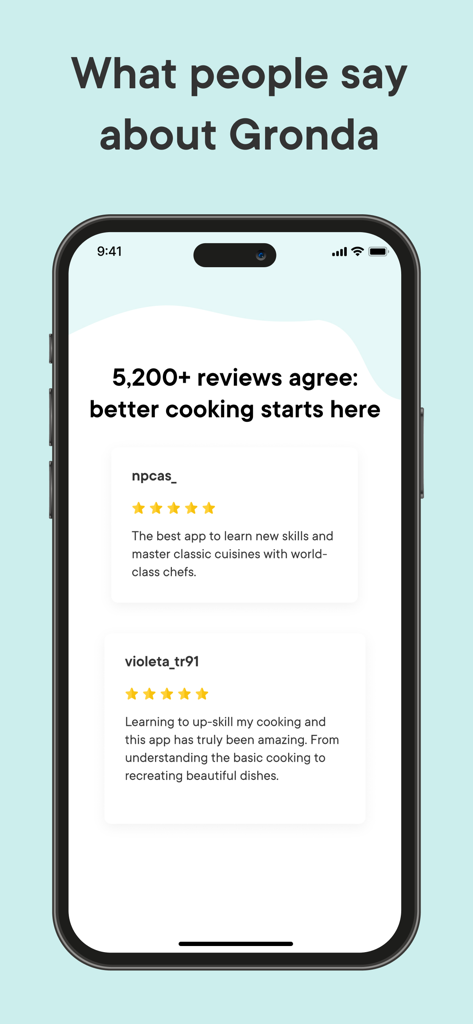 Gronda: Recipes for Chefs - Écran d'iPhone affichant des avis d'utilisateurs positifs et des notes de cinq étoiles pour l'application culinaire Gronda