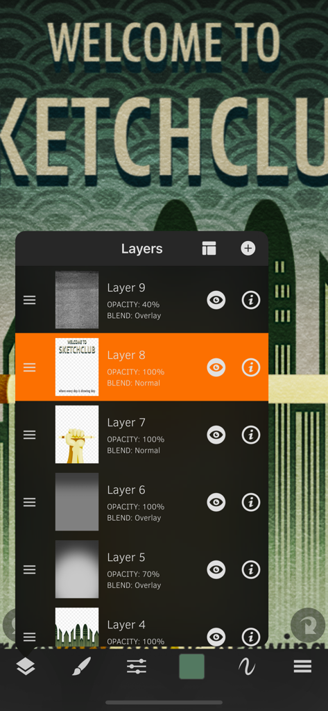Sketch Club - The layer management panel in Sketch Club app showing multiple drawing layers and blending options