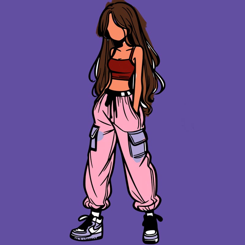 girl in baggy pants crop top and long hair