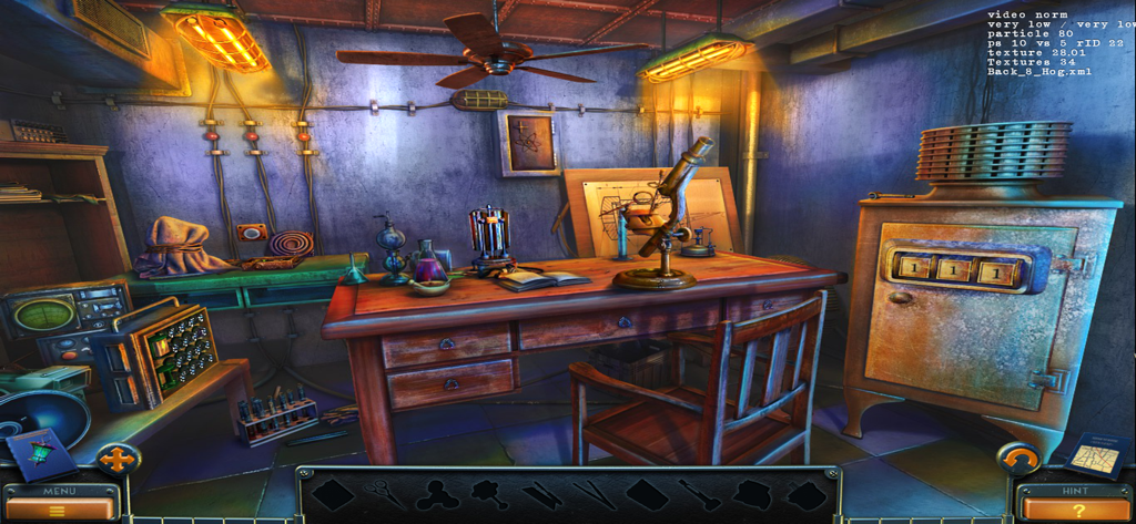 Interactive hidden object scene in a 1950s laboratory with a vintage microscope and scientific tools