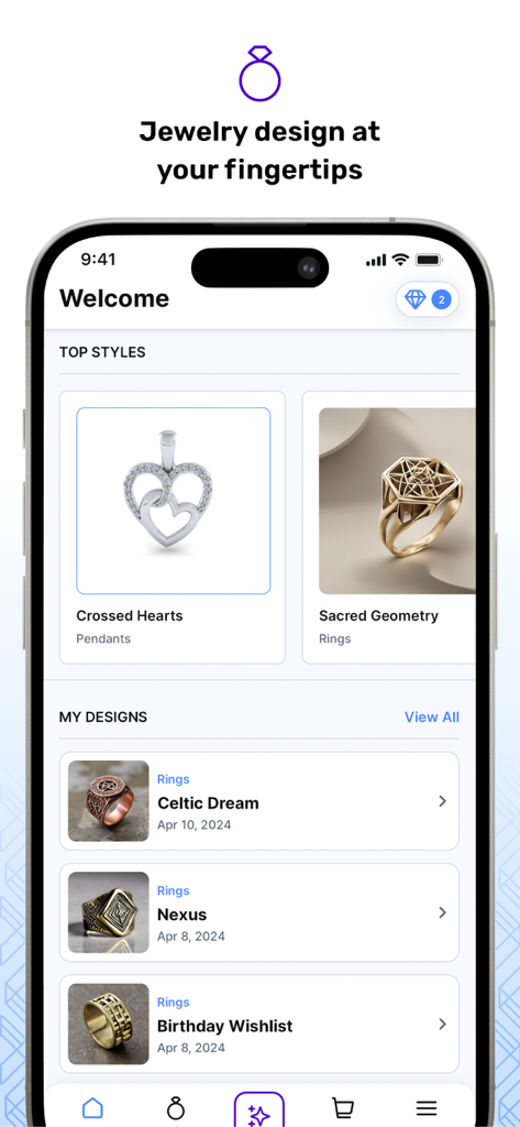 ARQ Jewelry Design - Pantalla de bienvenida de la aplicación ARQ Jewelry Design mostrando los mejores estilos y diseños de anillos personalizados de usuario