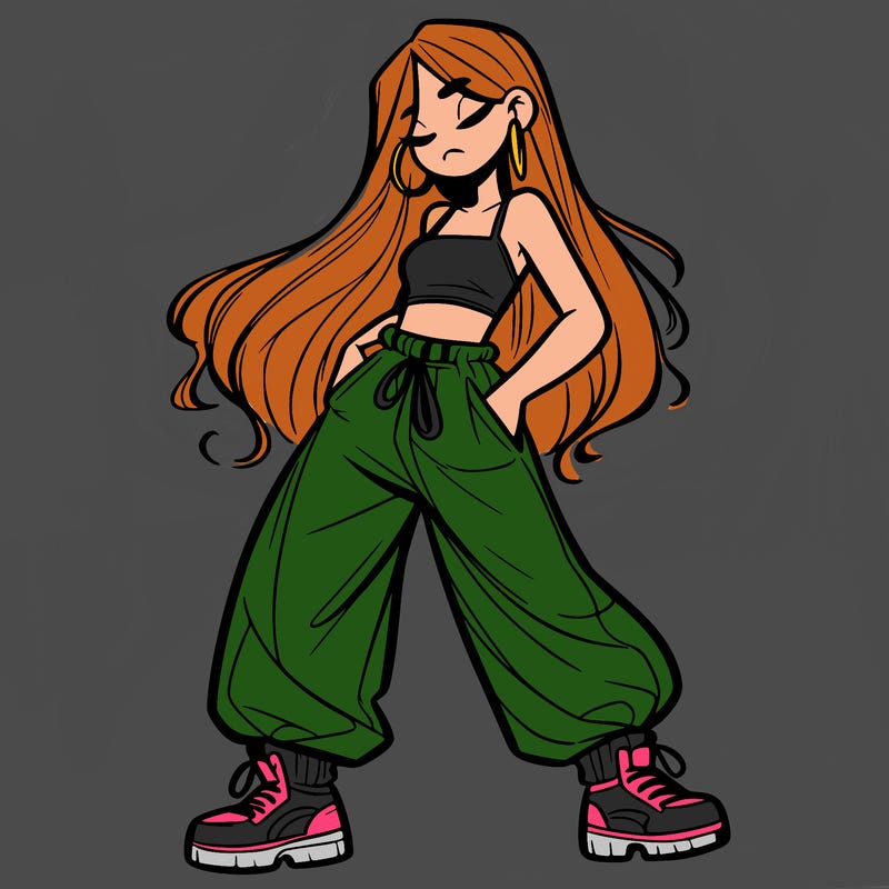 girl in baggy pants crop top and long hair