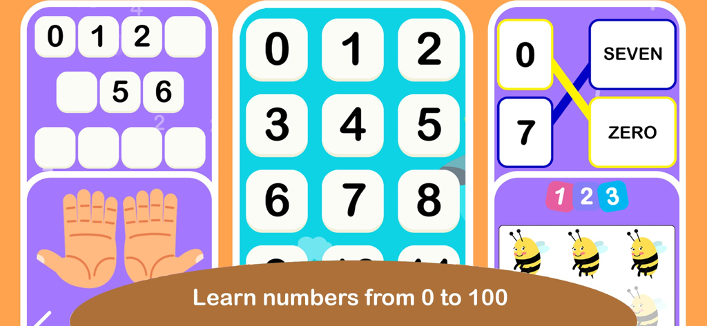 Schermata dell'app educativa che mostra varie attività per permettere ai bambini di imparare e contare i numeri da 0 a 100