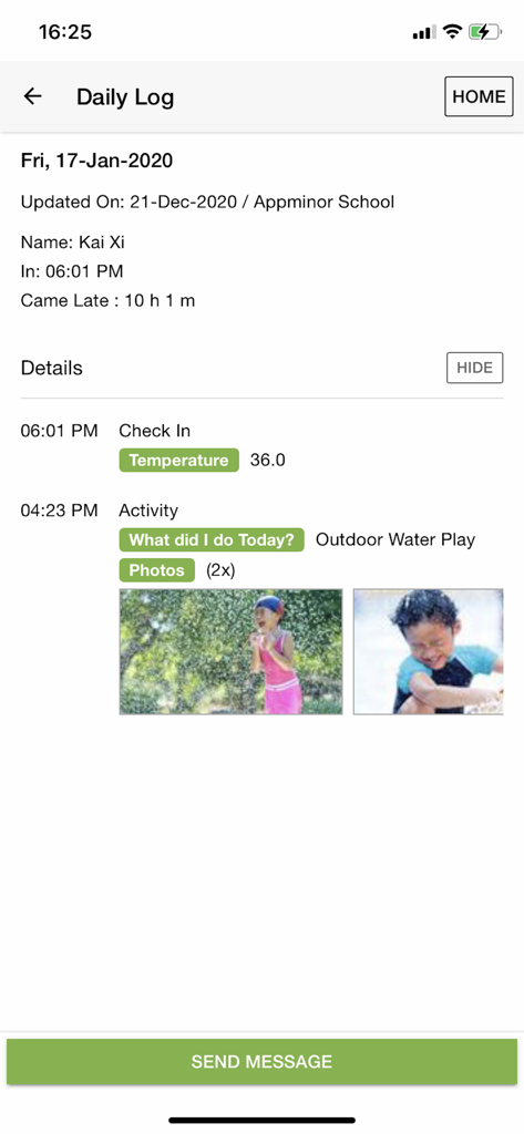 School2me - Screenshot of the School2me mobile app showing a student daily log with check-in time, temperature, and activity photos of a child playing outdoors.