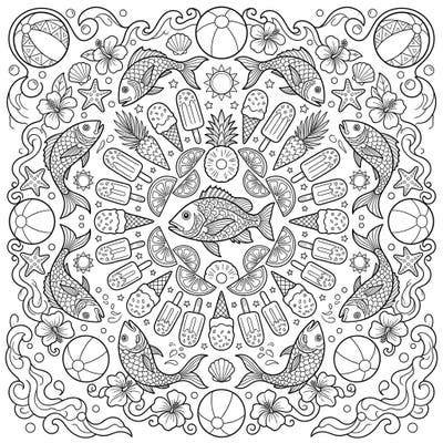 Unleash your creativity with this vibrant summer-themed mandala, showcasing elegant snapper fish amidst a bounty of tropical delights. Perfect for a relaxing coloring escape, bringing the warmth of the beach to your fingertips.