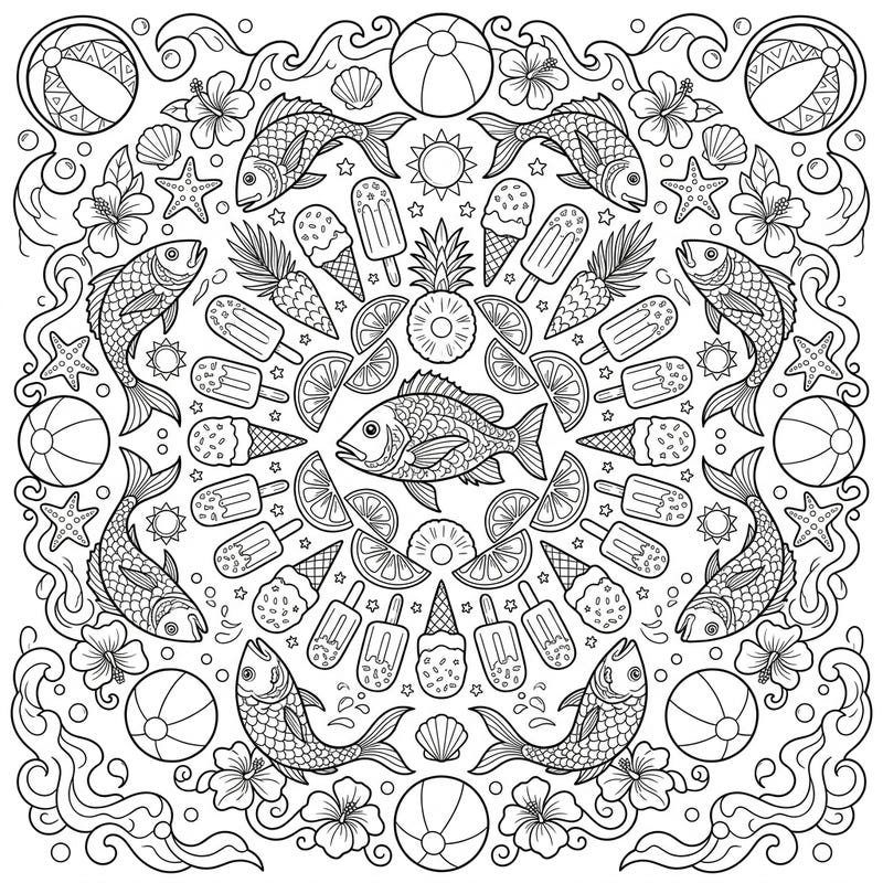 Unleash your creativity with this vibrant summer-themed mandala, showcasing elegant snapper fish amidst a bounty of tropical delights. Perfect for a relaxing coloring escape, bringing the warmth of the beach to your fingertips.