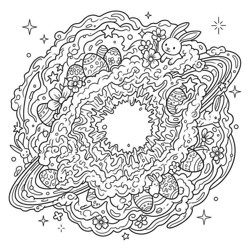 Embark on a stellar artistic adventure with this unique Helix Nebula coloring page, beautifully blended with the joy of Easter. Discover playful bunnies, intricately decorated eggs, and delicate spring blossoms nestled within the cosmic swirls of the 'Eye of God'.