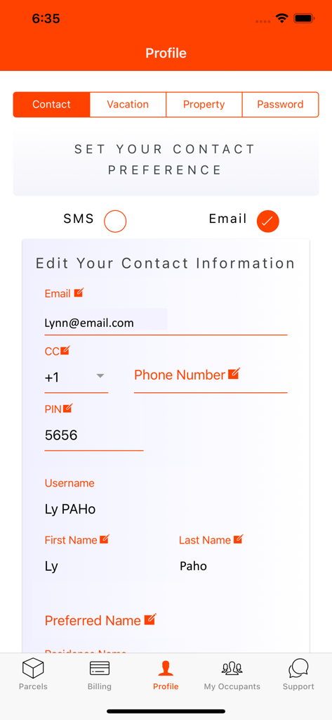 Profile screen of the Parcel Pending Mobile app showing contact information and notification preferences