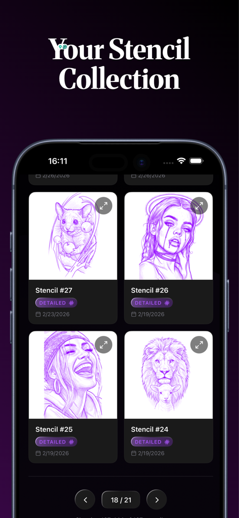 Stencil AI - Tattoo Stencils - A gallery of detailed purple tattoo stencils including portraits and animal designs within the Stencil AI app