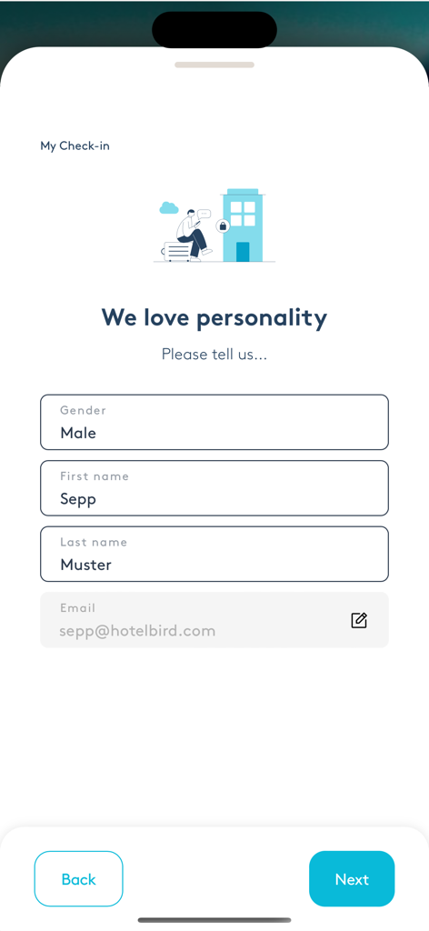 Hotelbird - Personal details form for mobile hotel check-in on the Hotelbird app