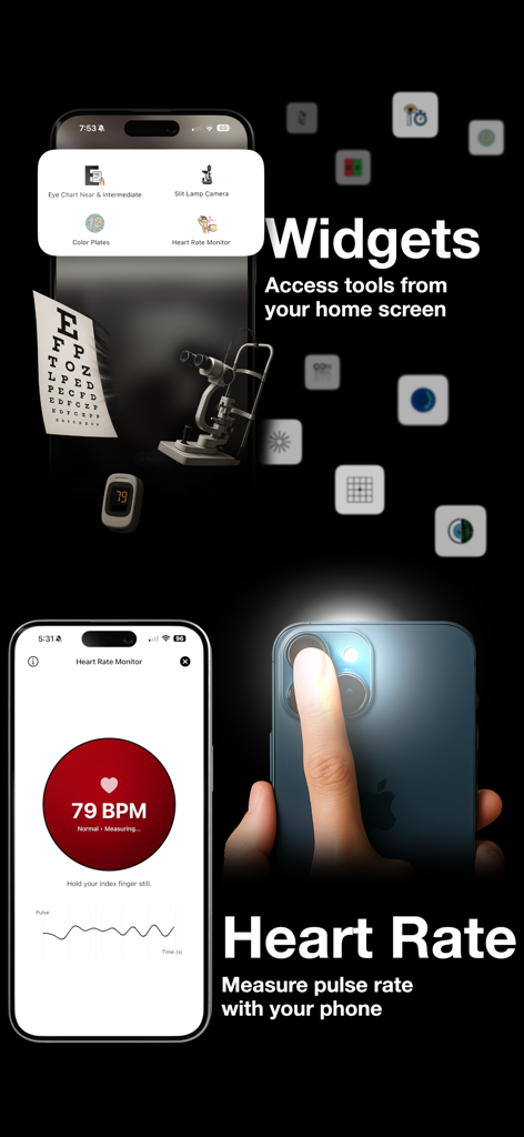 My Call Bag: Ophthalmology App - Interface do aplicativo My Call Bag mostrando medição de frequência cardíaca e widgets de ferramentas médicas em um iPhone