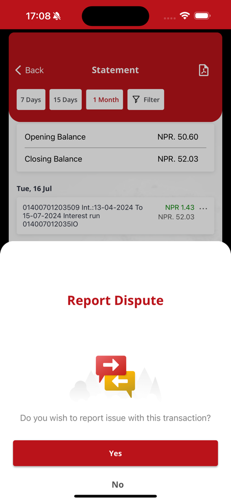EBL Mobile Banking - EBL Mobile Banking app interface showing a transaction statement and a report dispute pop up