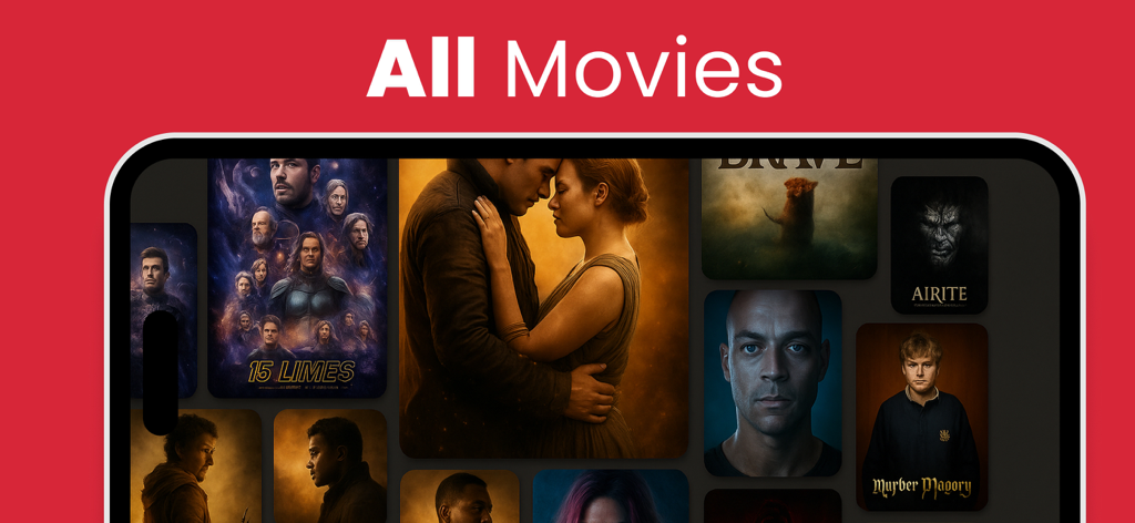 #iptv smart player pro - A smartphone screen displaying the All Movies library within the #iptv smart player pro app against a red background.