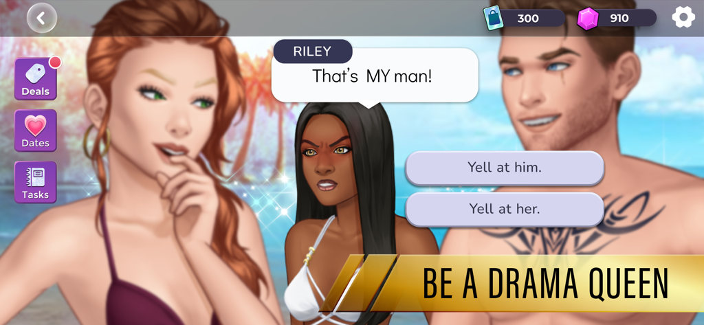 A scene from Episode Reality Stars showing a dramatic confrontation between characters with interactive dialogue choices to yell at him or yell at her.