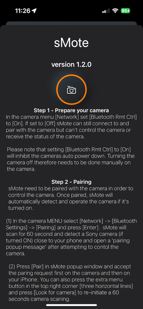sMote - for Sony cameras - In-app setup guide for sMote showing instructions for preparing and pairing a Sony camera via Bluetooth.