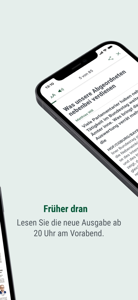 Kurier E-Paper app on a smartphone showing a news article and information about early evening access.