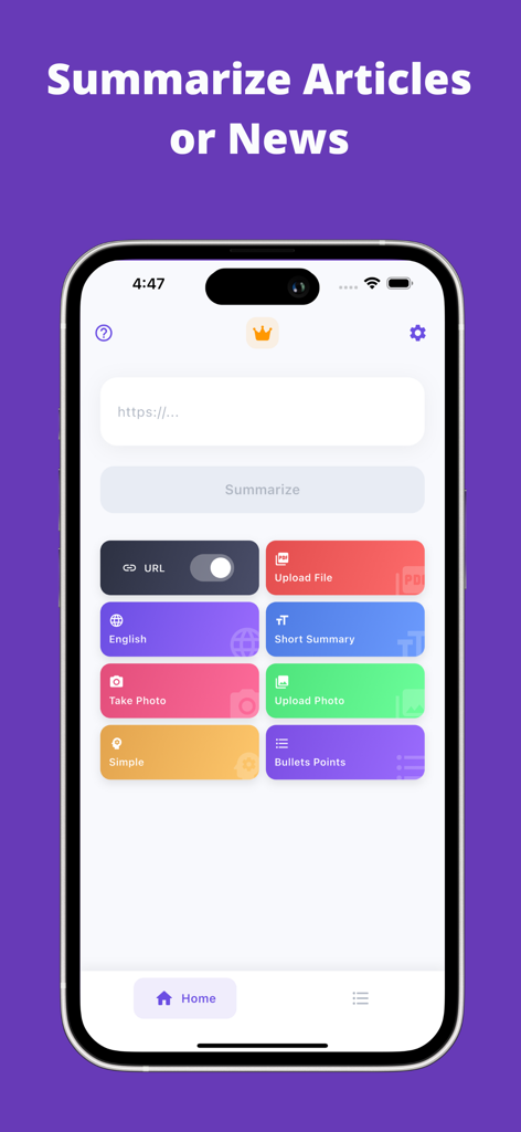 Flashcards to Study - Synt - Interface of the Synt app showing options to summarize articles or news using URLs files or photos