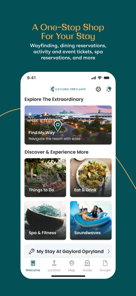 Gaylord Hotels resort app home screen displaying navigation tools and resort activity booking features