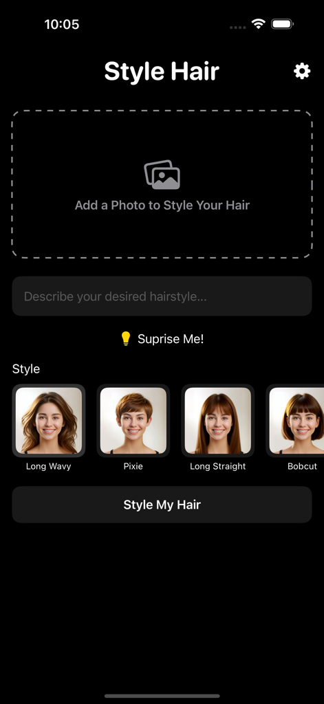 Hairstyle Changer: AI Makeover - Interfaz de usuario de la aplicación Cambiador de Peinados mostrando opciones para estilos de cabello largos y ondulados, pixie, largos y lisos, y bob.