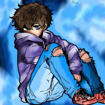 a male hoddie ripped jeans messy hair anime