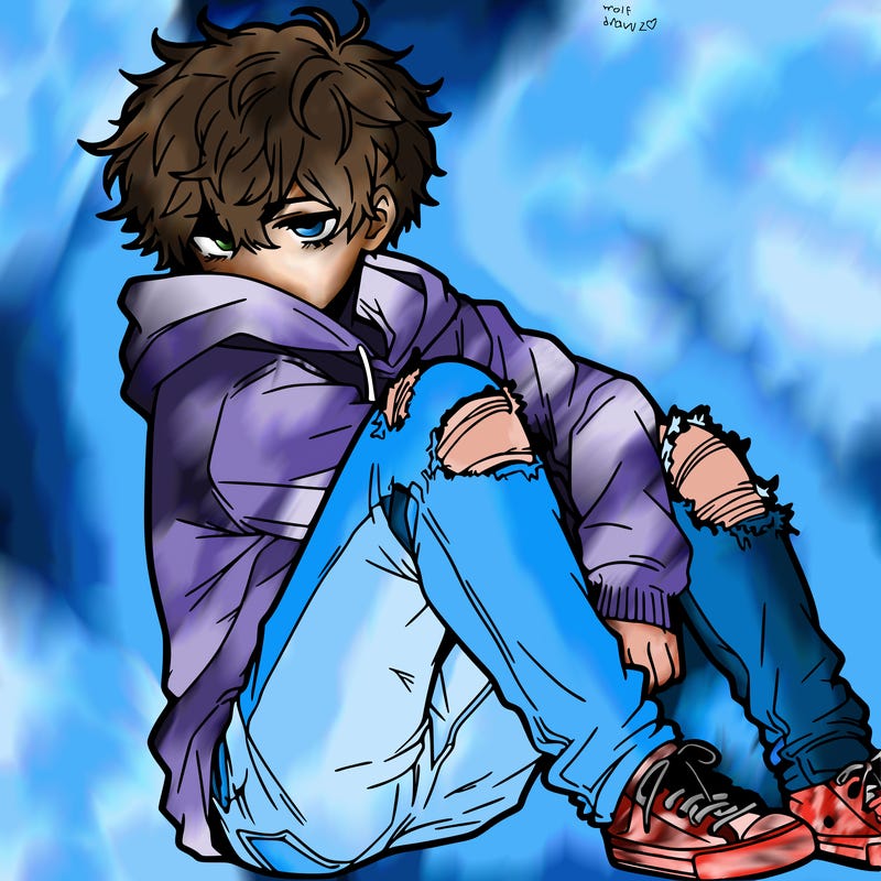 a male hoddie ripped jeans messy hair anime