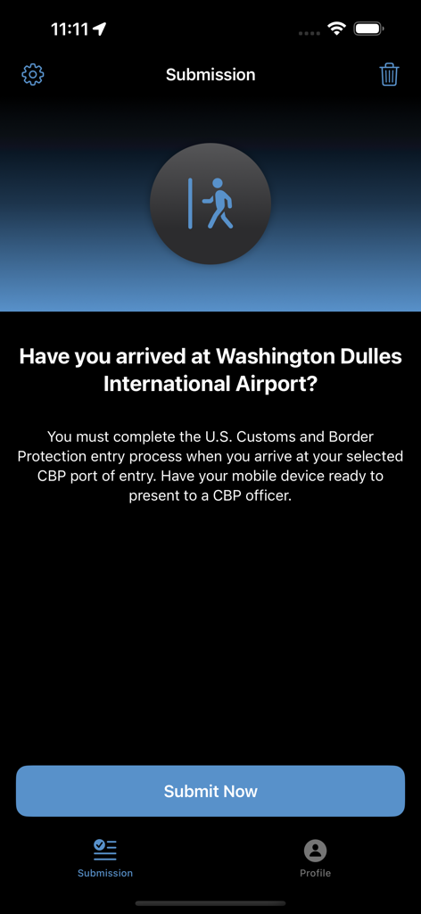Global Entry Mobile - Screenshot of the Global Entry Mobile app showing the arrival submission page for Washington Dulles International Airport.