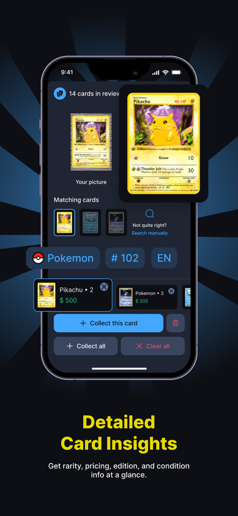 HoloDex app interface showing detailed insights and market prices for a Pikachu card